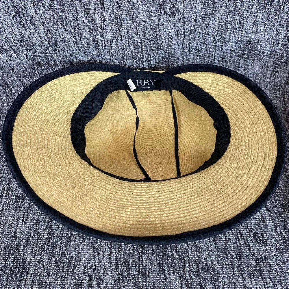 HBY Miami Straw Sun‎ Hat Wide Brim Black Ribbon Bow Beach Bucket Visor Women OS